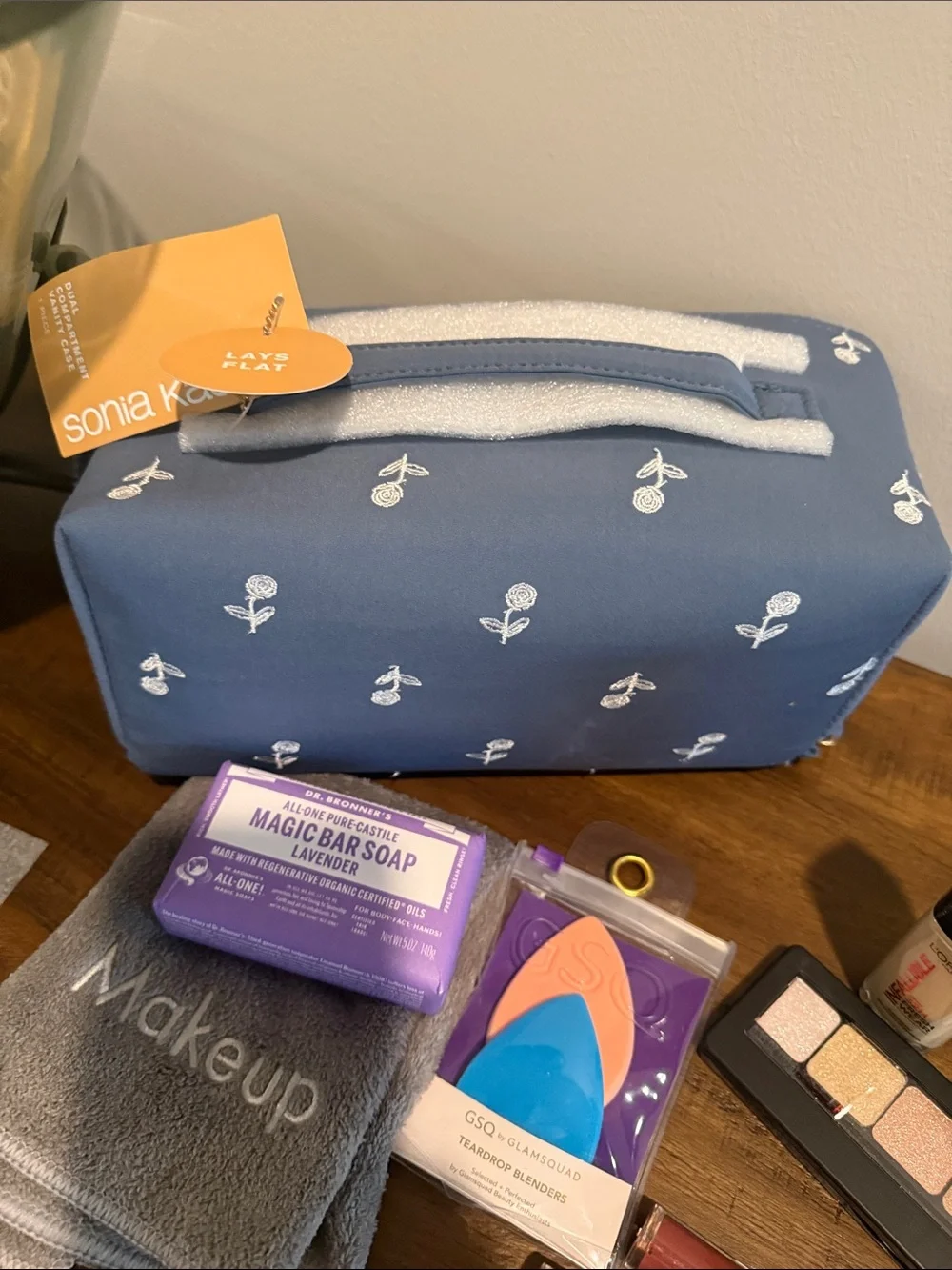 Sonia Kashuk Blue Floral Cosmetic Travel Bag - Makeup Organizer Beauty Bundle #2